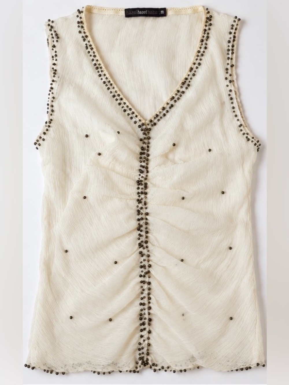 [Hazel] Ivory 100% Silk Beaded Ruched V-Neck Top Size M